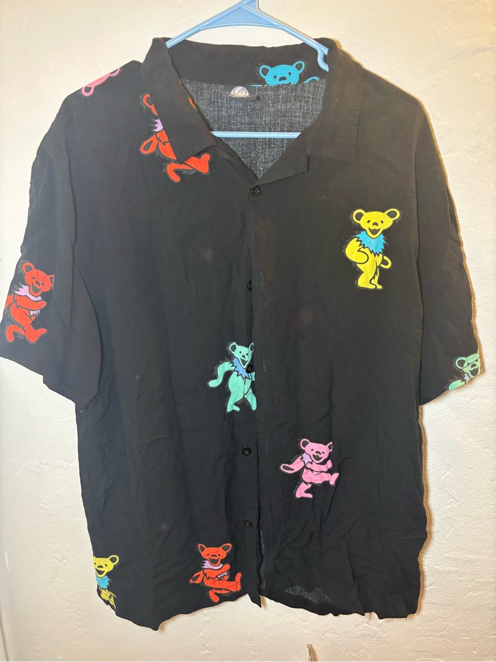 Black Short-Sleeve Button-Up Shirt with Multicolor Dancing Bears